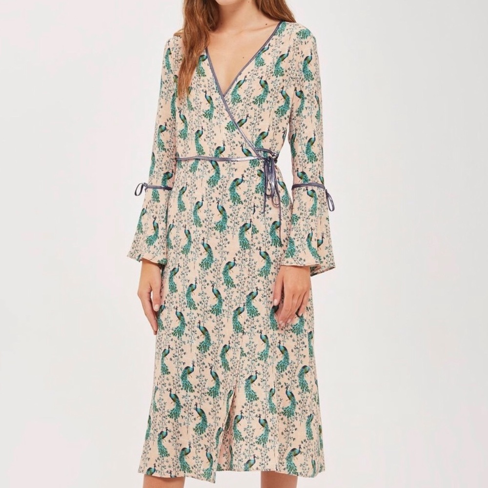 Topshop Peacock Print Midi Wrap Dress Size 0.